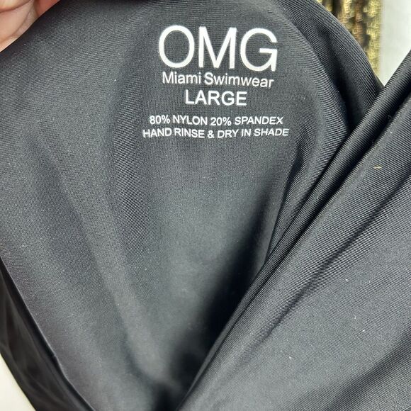 OMG Miami Swimwear Black Swimsuit Size Large Metallic Gold Tie Backs Revealing - Picture 5 of 11